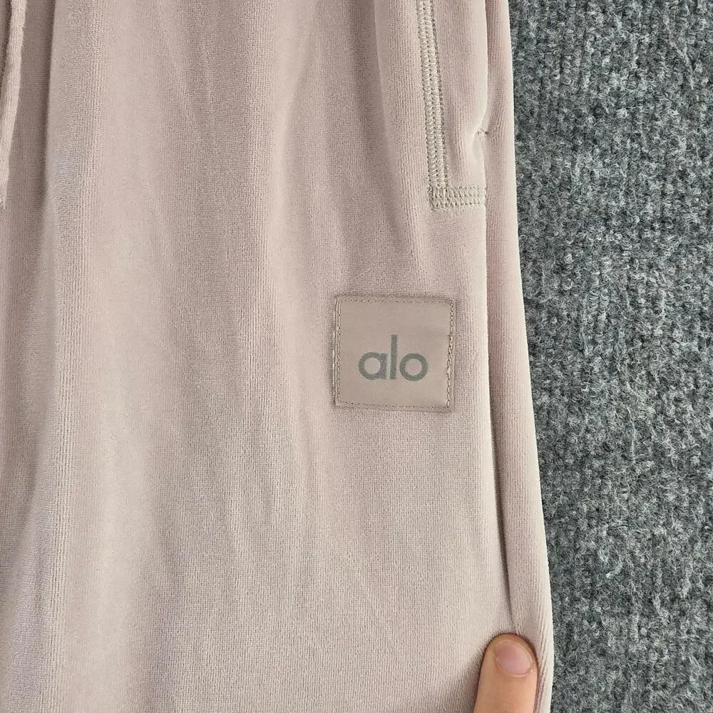 Alo Yoga Pants Womens XS Velour Wide Leg High Waist Pink Lounge Sweatpants Comfy